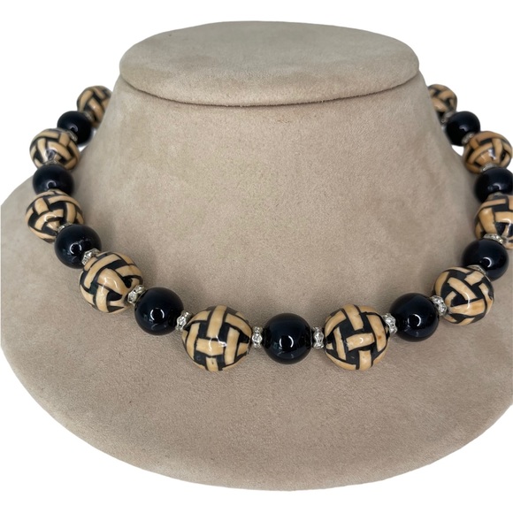 Basket Weave Beads, Black Onxy, Sterling Silver & Swarovski Crystal Necklace - Picture 2 of 6